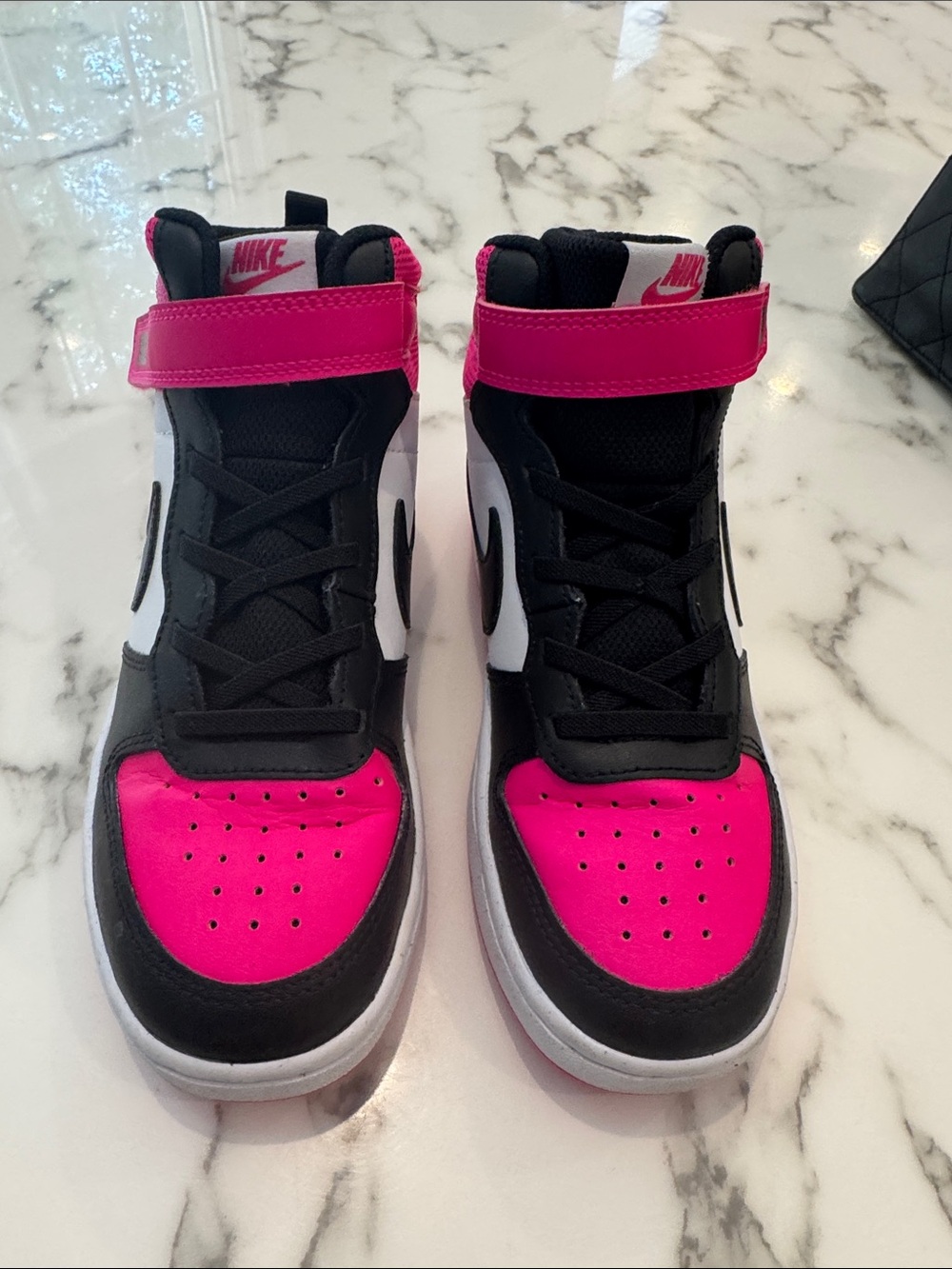 Nike Kids' borough court High-Top Sneakers in Black, White & Pink size 3Y